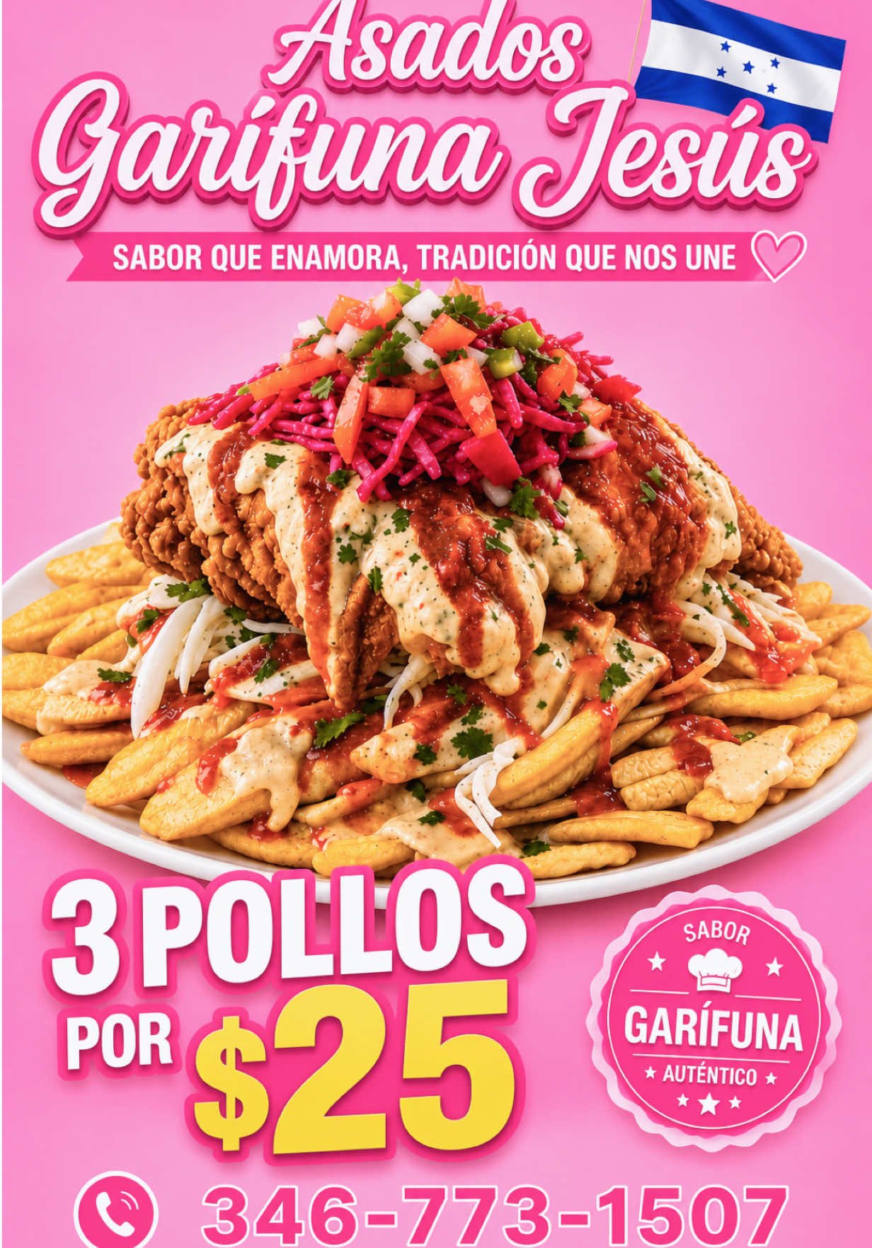 Flyer de Asados Garífuna Jesús: plato de pollo con tajadas, 3 pollos por $25, teléfono 346-773-1507
