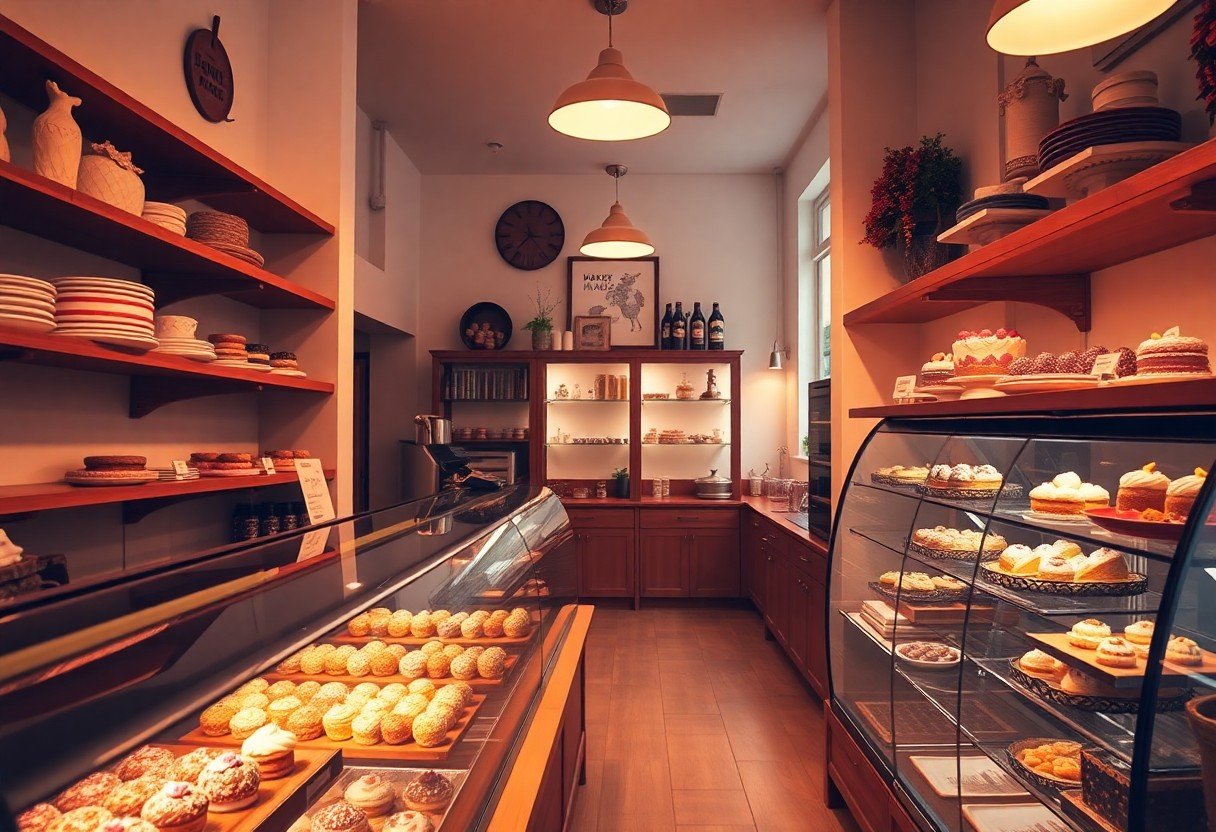 Inside the bakery: display case of pan dulce and cakes