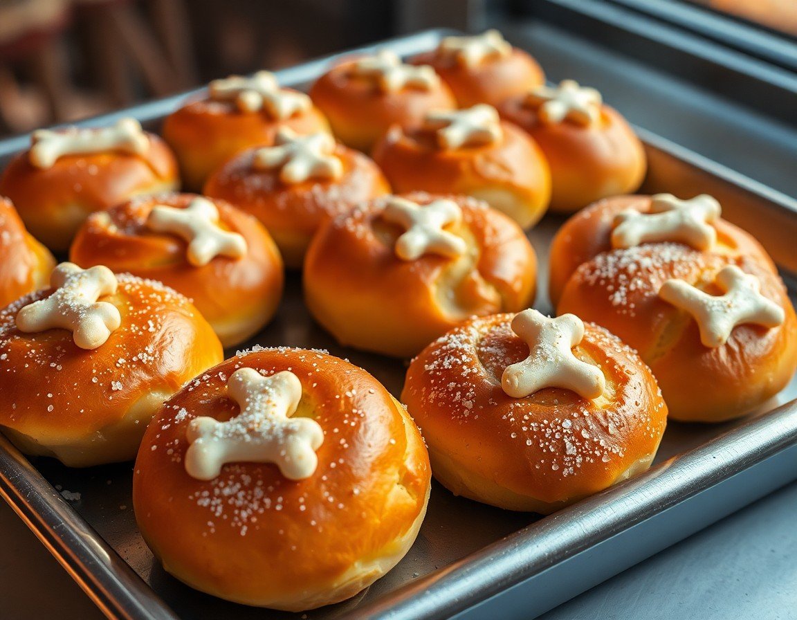 Pan de muerto sweet rolls topped with sugar and bone-shaped dough