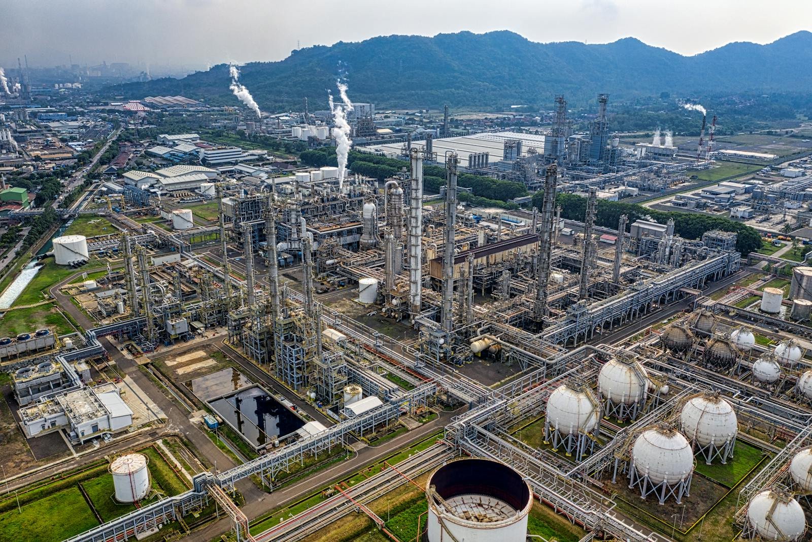 Aerial view of a tank farm and industrial storage terminal.