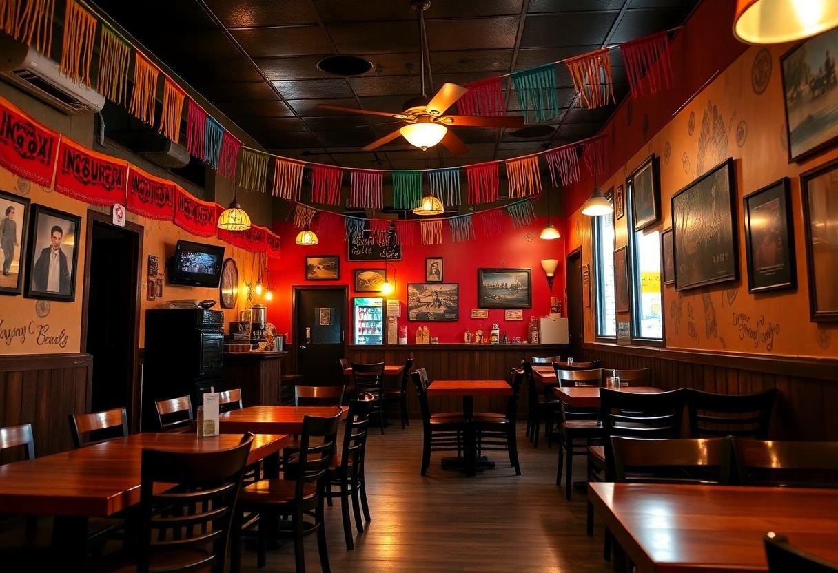 Warm, casual taqueria dining room with wooden tables (representative image)