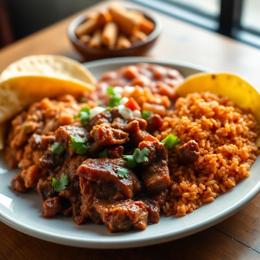 Combo plate of al pastor with Mexican rice, refried beans and tortillas (representative image)
