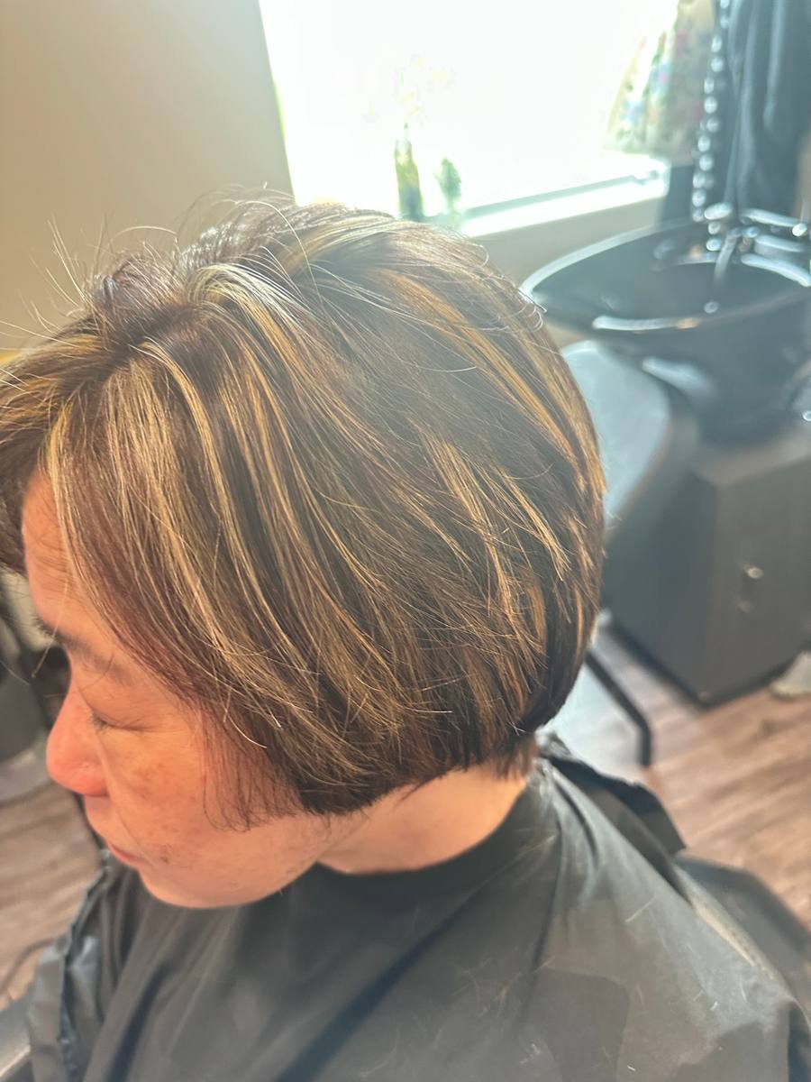 Representative photo of a short layered bob with warm highlights